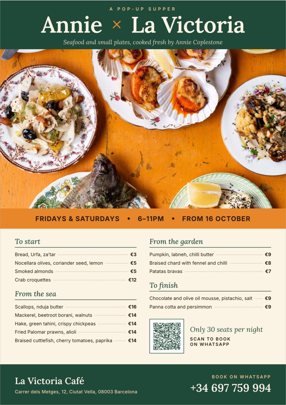 Annie x La Victoria pop-up poster with the full menu, dates and booking details